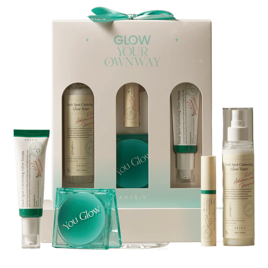 AXIS-Y Glow Your Own Way Beauty Box – ett komplett kit med vegansk hudvård som minskar pigmentfläckar, återfuktar och ger lyster. Perfekt för jämnare hudton!