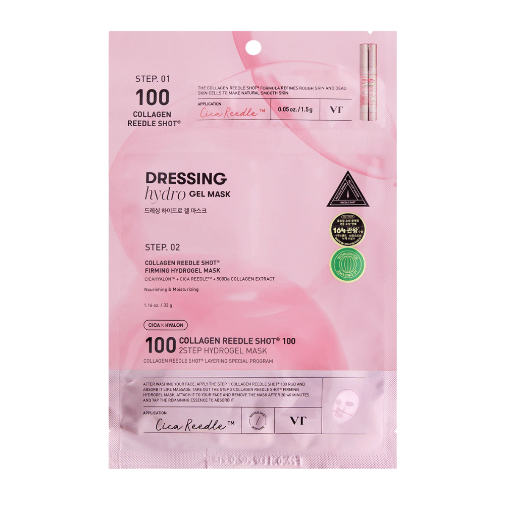 Förpackning av VT Collagen Reedle Shot 100 2-Step Hydrogel Mask i rosa design. Visar steg 1 med Cica Reedle™ och steg 2 med firmande hydrogelmask innehållande CICAHYALON™ och 500Da kollagenextrakt.