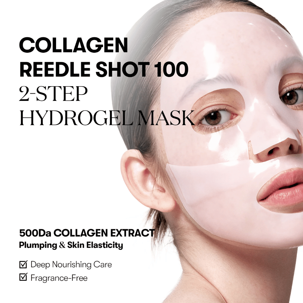 Närbild på en kvinna som bär en transparent 2-stegs hydrogelmask. Text på bilden marknadsför "Collagen Reedle Shot 100" med 500Da kollagenextrakt för hudens elasticitet, samt att produkten är doftfri och ger djup näring.