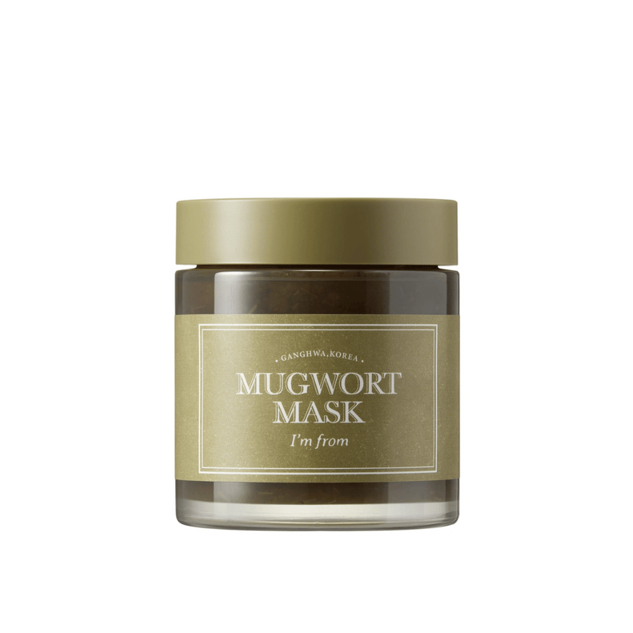 Produktbild av I'm From Mugwort Mask – en grön ansiktsmask i glasburk med olivgrönt lock och etikett, fotograferad mot vit bakgrund.