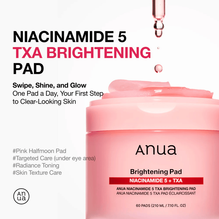 Rosa burk med Anua Niacinamide 5 TXA Brightening Pad och halvformade pads, med text som lyfter fram glow, jämnare hudton och riktad vård med niacinamide och tranexamsyra.