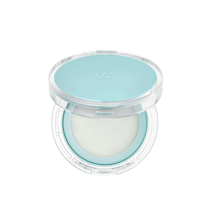 Öppen burk med VT PDRN Essence Glow Sun Pact. Den har en vit inre yta med en blå lock, designad för att ge ett strålande resultat på huden.