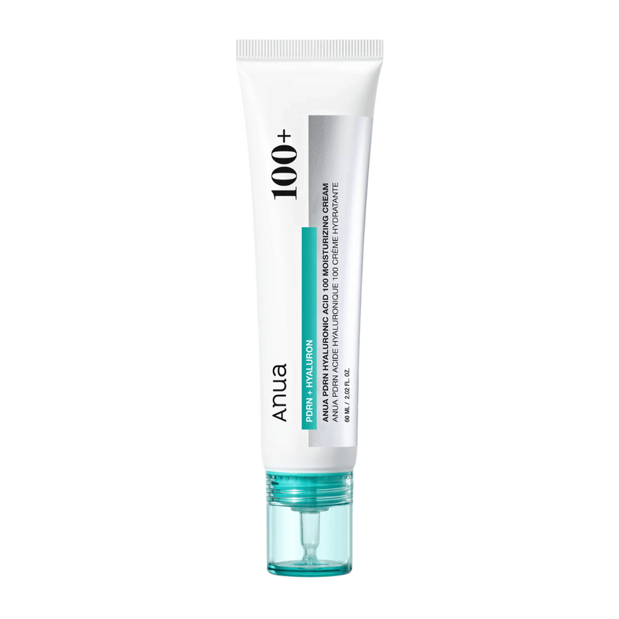 Produktbild på Anua PDRN Hyaluronic Acid 100 Moisturizing Cream i vit tub med turkos detalj – koreansk ansiktskräm för djup återfuktning.