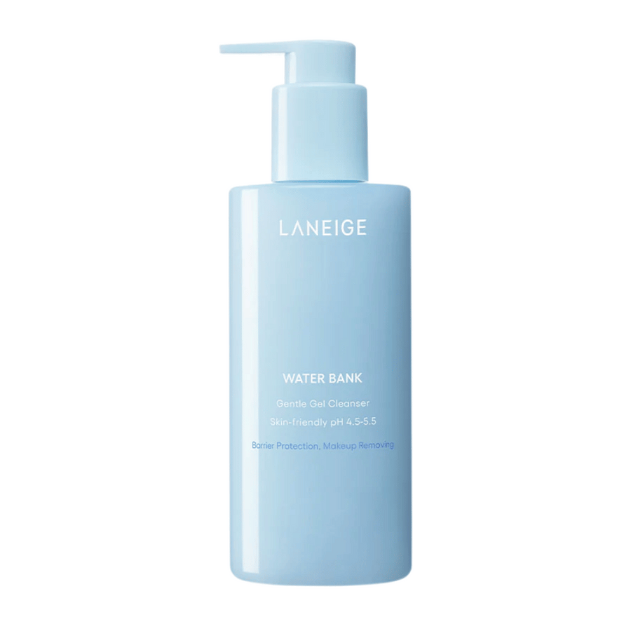 LANEIGE Water Bank Gentle Gel Cleanser i ljusblå pumpflaska med vit text, frilagd mot vit bakgrund.