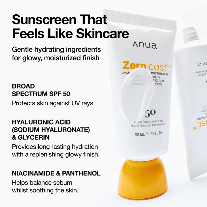 Närbild på ANUA Zero-Cast Moisturizing Sunscreen med SPF 50 – solkräm i vit tub med orange kork, visande text om ingredienser som hyaluronsyra, niacinamid och panthenol för återfuktad, skyddad hud.