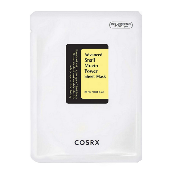 COSRX Advanced Snail Mucin Power Sheet Mask i vit förpackning med svart och gul etikett, berikad med 35 000 ppm snigelsekret för återfuktning, reparation och förbättrad hudelasticitet.
