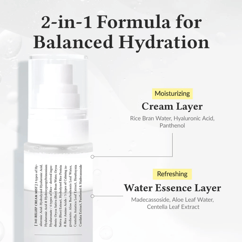 Illustration von Dr. Althea 345 Relief Cream Mist mit zwei Schichten, einer feuchtigkeitsspendenden Cremeschicht und einer erfrischenden Wasseressenz-Schicht für ausgeglichene und langanhaltende Feuchtigkeit.