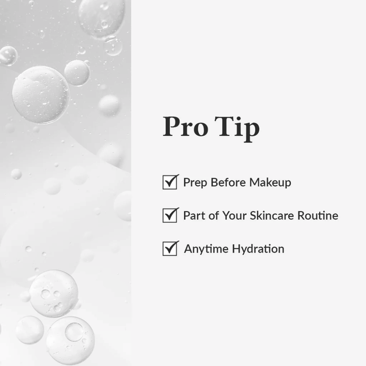 Pro-Tipp-Grafik, die zeigt, wie Dr. Althea 345 Relief Cream Mist zur Feuchtigkeitsversorgung vor Make-up, als Teil der Hautpflegeroutine oder jederzeit während des Tages verwendet wird.