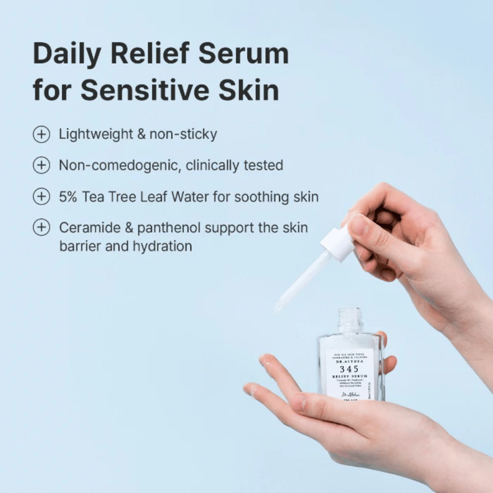 Dr. Althea 345 Relief Serum mit Ceramiden, Panthenol und tea tree-Wasser für empfindliche Haut und langanhaltende Feuchtigkeit.
