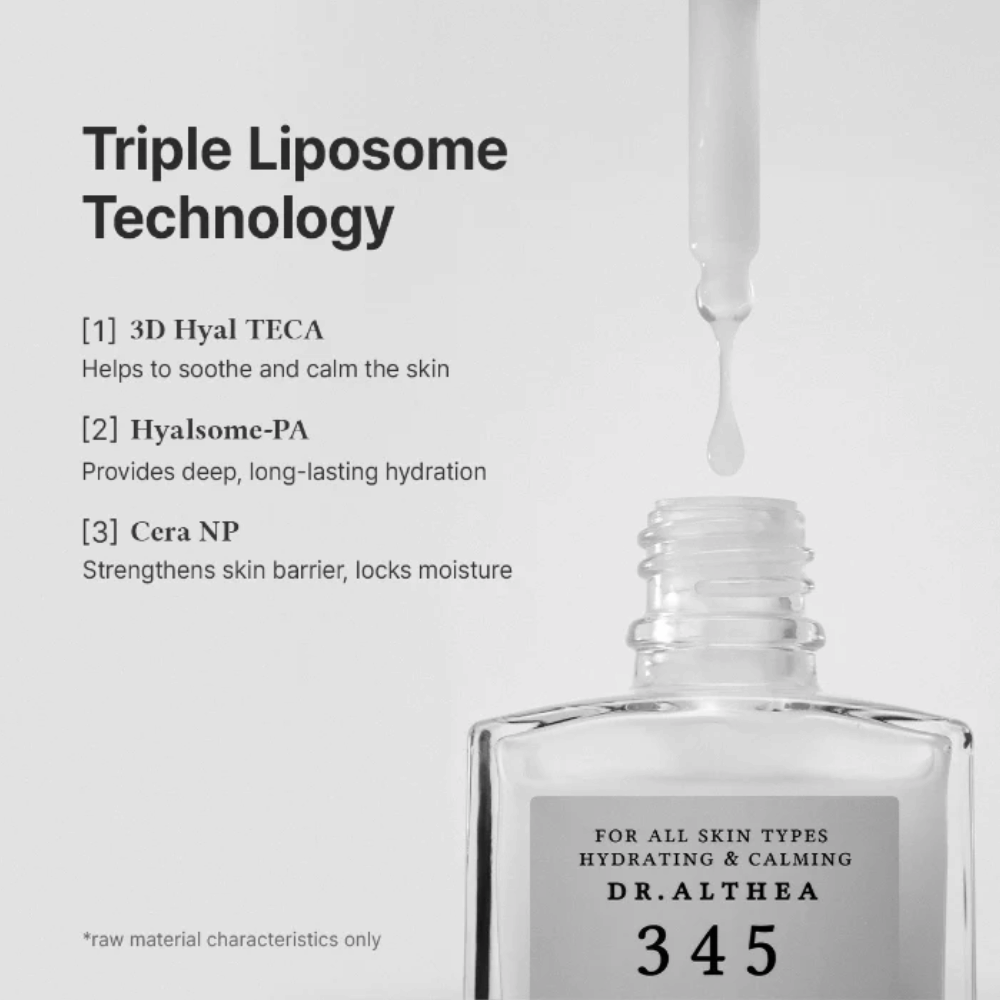Dr. Althea 345 Relief Serum mit Triple-Liposomen-Technologie, Ceramiden und Hyaluronsäure für intensive Feuchtigkeit und beruhigende Wirkung.