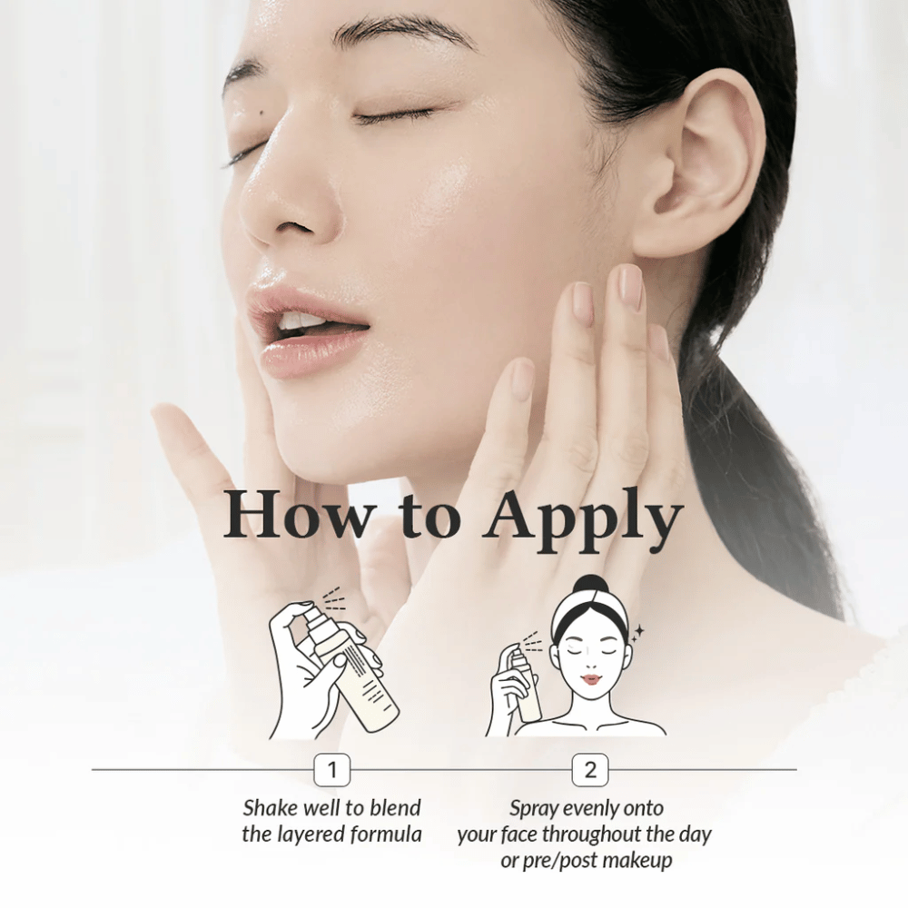 Wie man Dr. Althea 345 Relief Cream Mist aufträgt, wobei das Modell das Gesicht für gleichmäßige Feuchtigkeit vor und nach dem Make-up mit einem feinen Spray besprüht.