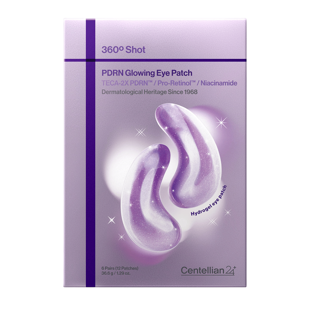 Verpackung von 360° Shot PDRN Glowing Eye Patch von Centellian24+, Hydrogel-Augenpatches mit PDRN, Niacinamid und TECA für Leuchtkraft und festere Augenkontur.