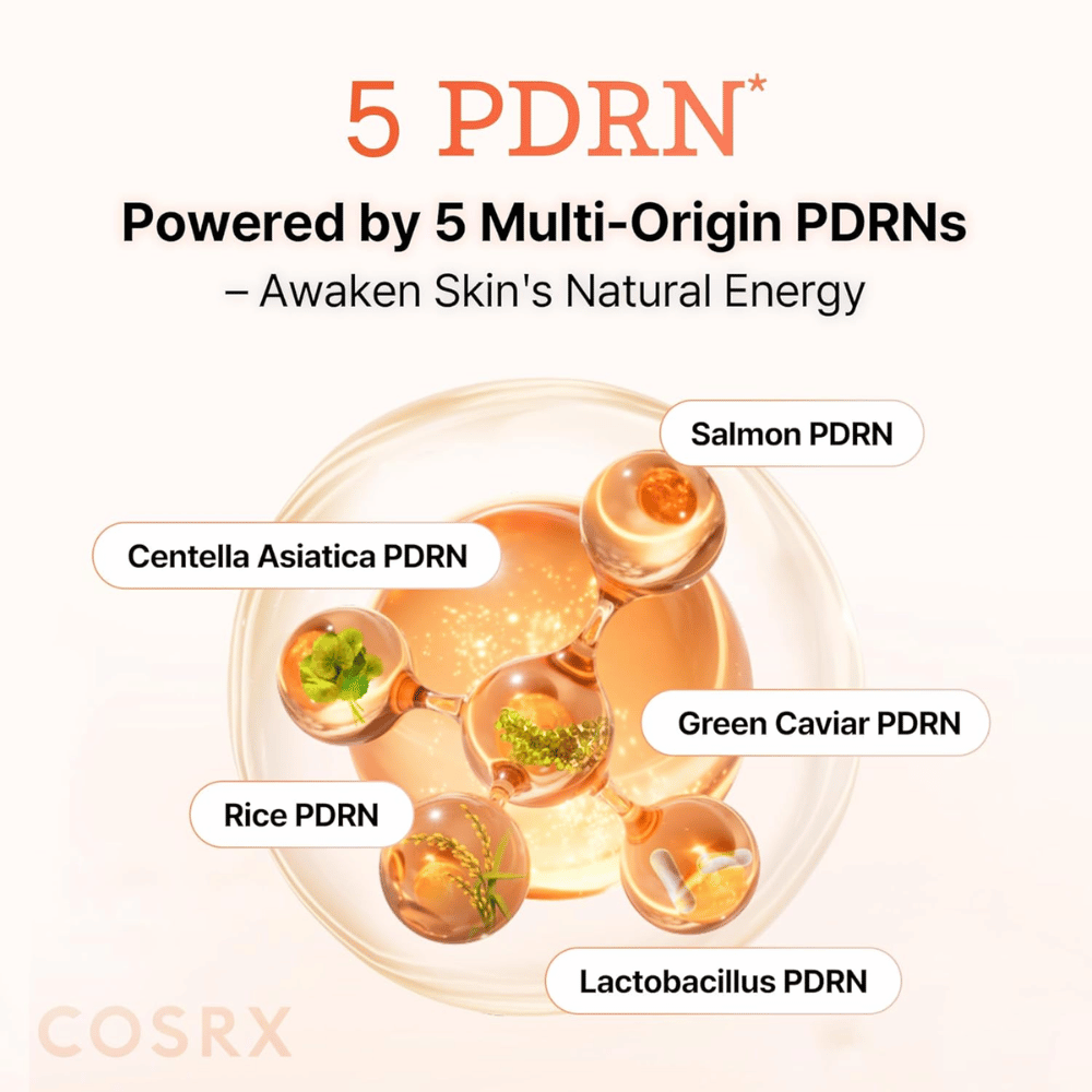 COSRX 5 PDRN Serum mit Multi-Origin-PDRN aus Lachs, Centella Asiatica, Reis und Probiotika, das die Haut stärkt und die Elastizität verbessert