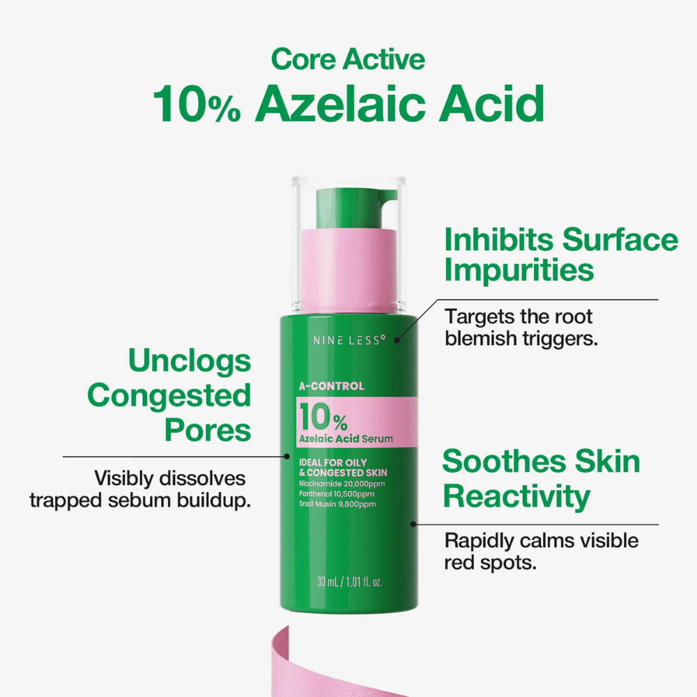 NINELESS A-Control Serum mit 10 % Azelainsäure hilft, verstopften Poren, Unreinheiten und sichtbaren Rötungen entgegenzuwirken.