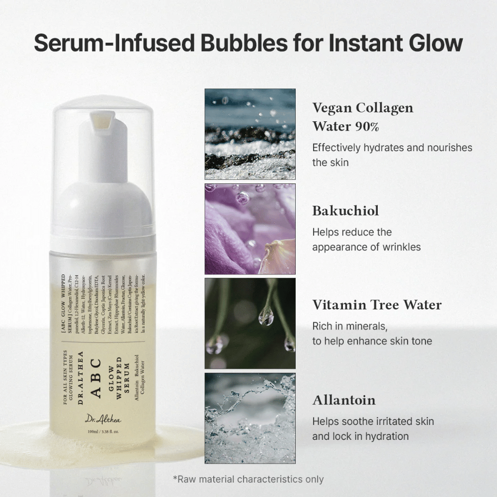 Bild – Inhaltsstoffe (EEAT + Ranking)
Dr. Althea ABC Glow Whipped Serum mit veganem Kollagen, Bakuchiol, Vitamin-Tree-Wasser und Allantoin, die Feuchtigkeit spenden, beruhigen und die Hautstruktur verbessern.