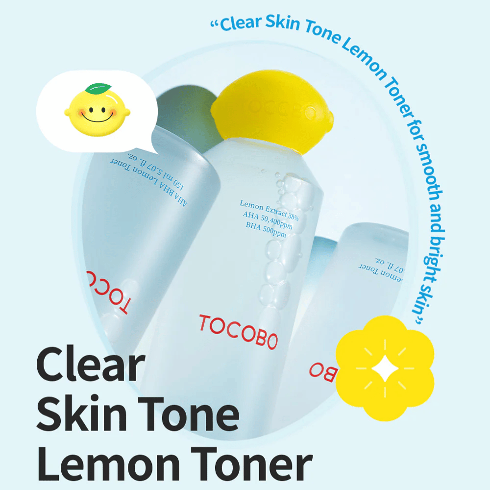 Mehrere Flaschen von TOCOBO Clear Skin Tone Lemon Toner mit gelbem zitronenförmigem Deckel, Blasen in der Flüssigkeit und Text, der die Zutaten AHA und BHA auf einem hellblauen Hintergrund hervorhebt.