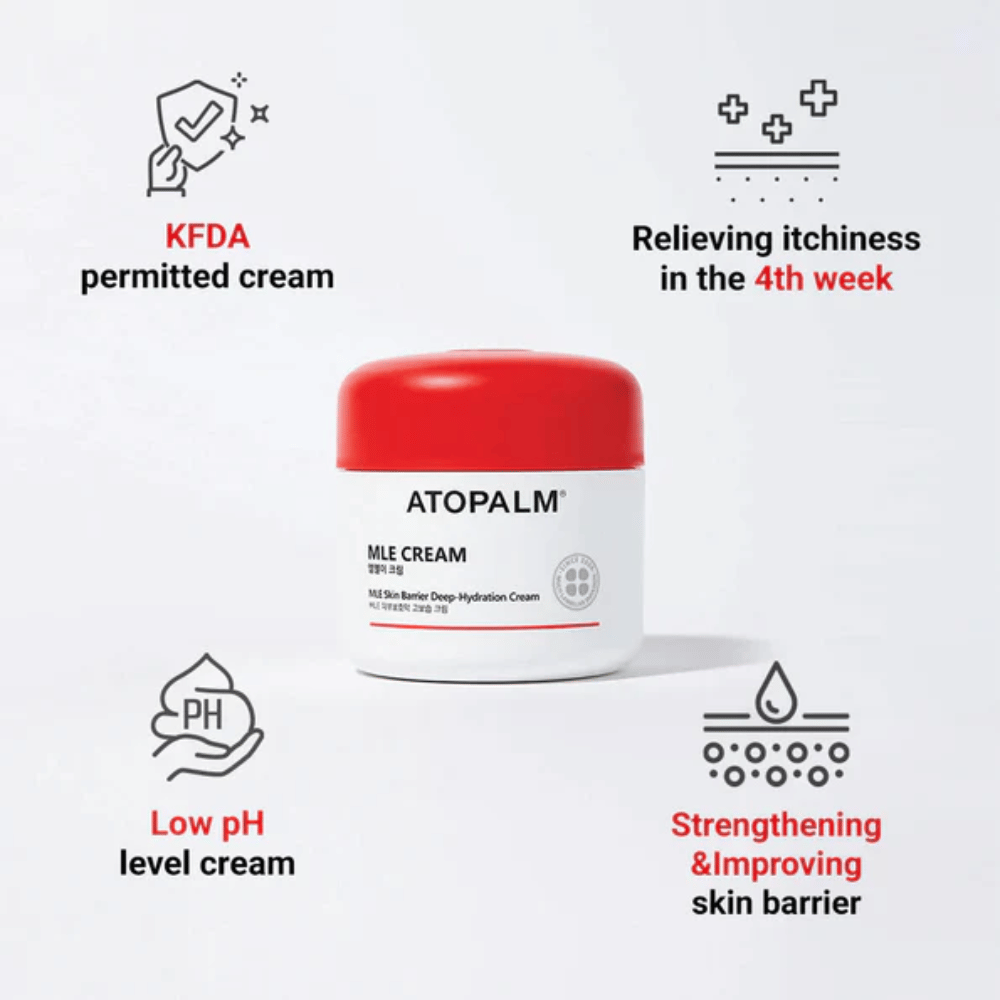ATOPALM MLE Cream mit MLE-Technologie, die Feuchtigkeit ausgleicht, tiefenwirksam hydratisiert und die Hautbarriere stärkt für weichere und widerstandsfähigere Haut.