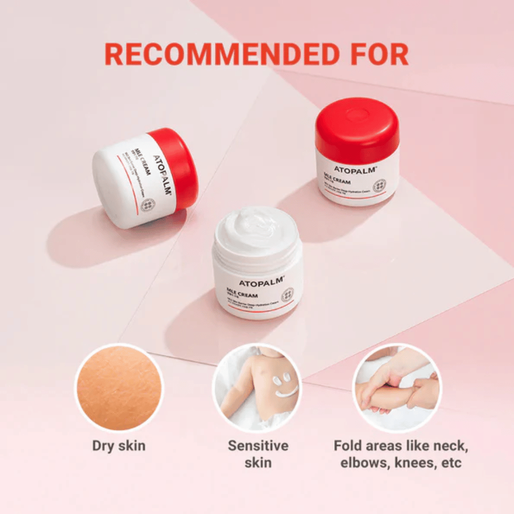 ATOPALM MLE Cream empfohlen für trockene und empfindliche Haut sowie trockene Bereiche wie Hals, Ellbogen und Knie – sanfte Creme für die tägliche Hautpflege.