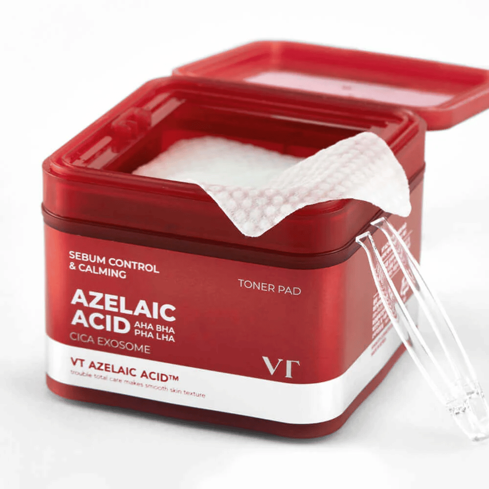 Offenes Glas mit VT Azelaic Acid Toner Pad und Pinzette – für einfache und hygienische Anwendung.
