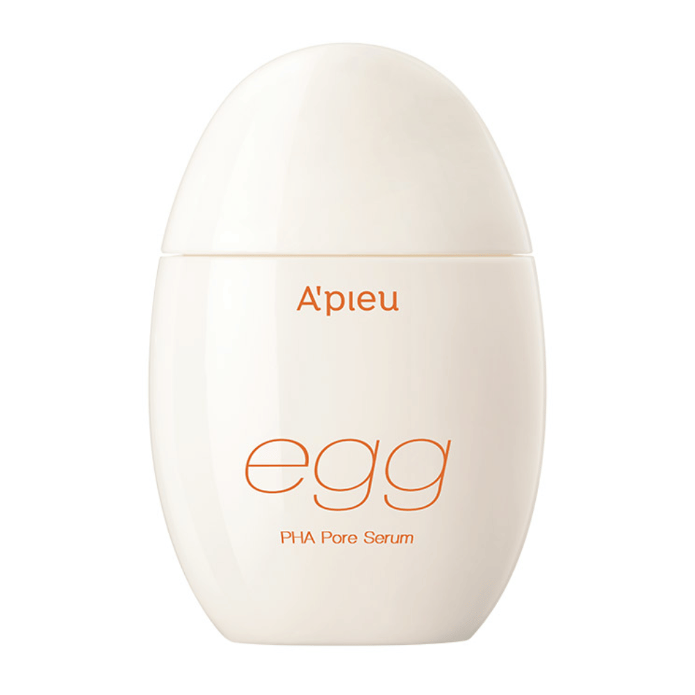 A’pieu Egg PHA Pore Serum in eiförmiger, beiger Verpackung mit orangem Text – ein koreanisches Serum, das sanft exfoliert und Poren minimiert.