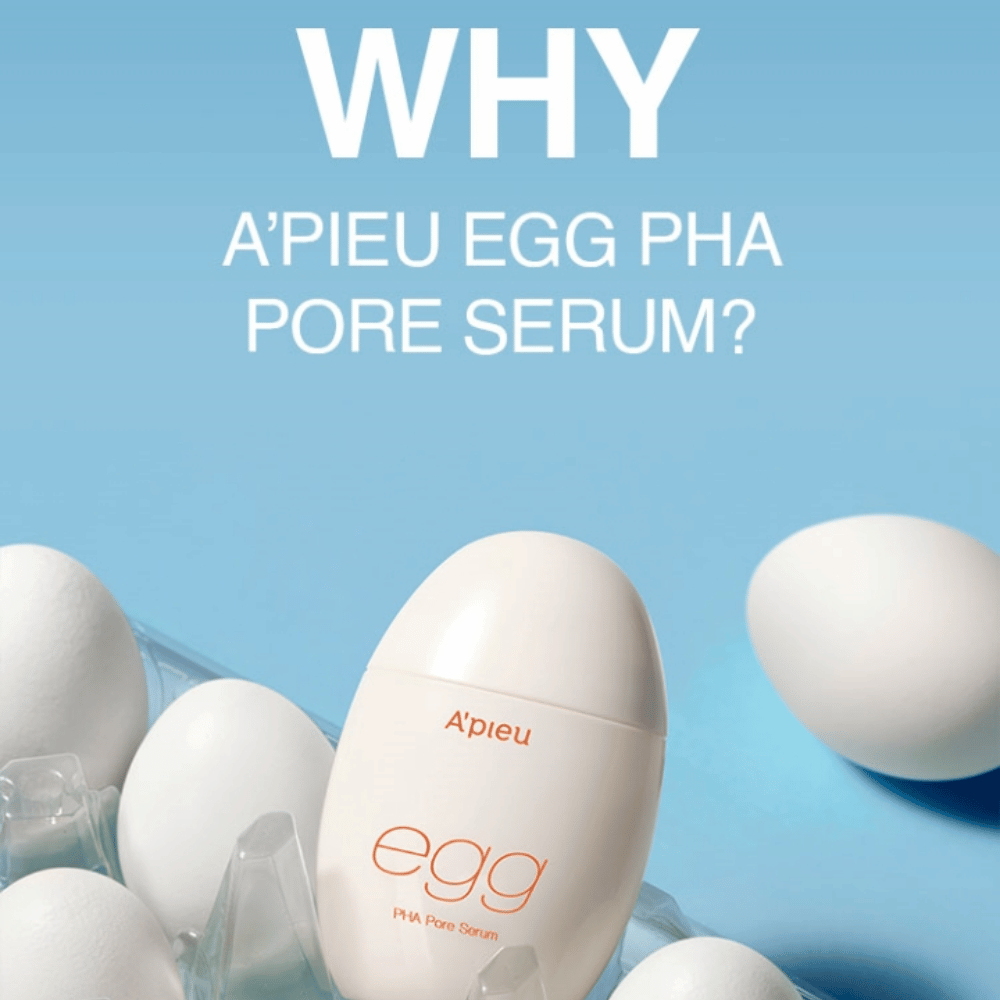 A’pieu Egg PHA Pore Serum in eiförmiger Verpackung zwischen weißen Eiern in einem Eierkarton – ein koreanisches Serum für verfeinerte Poren und sanfte Exfolierung.