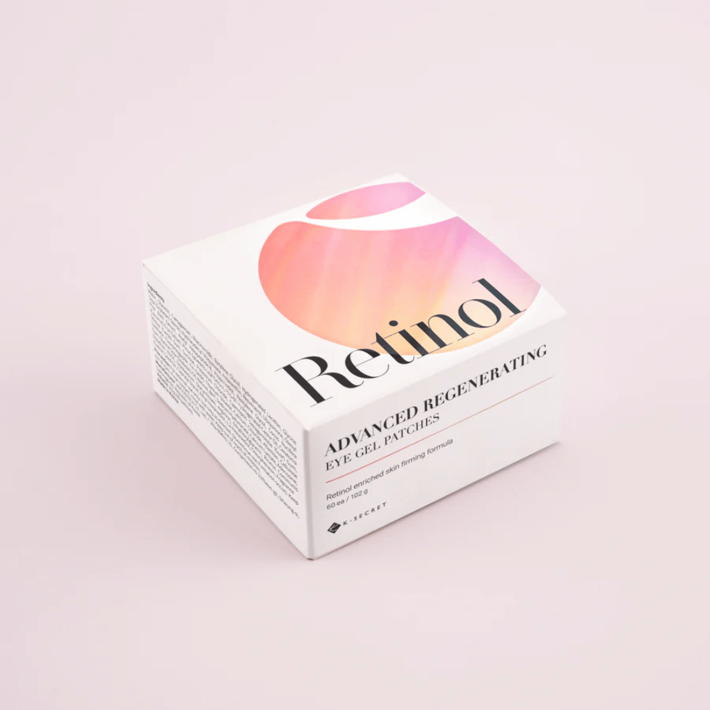 Verpackung von K-Secret Advanced Regenerating Eye Gel Patches mit Retinol in weißem und rosa Design.