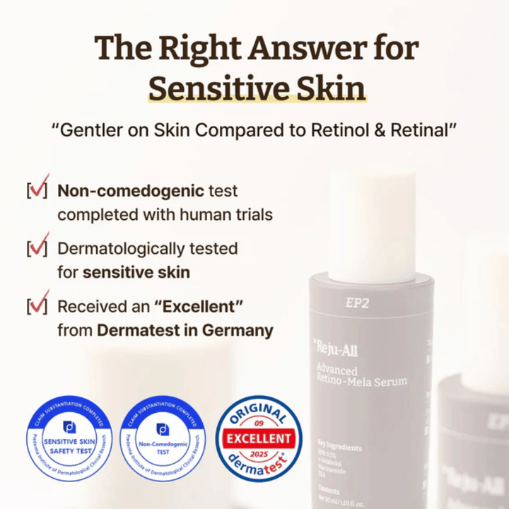 Dr. Reju-All Advanced Retino-Mela Serum für empfindliche Haut – nicht-komedogen, dermatologisch getestet und mit „Excellent“ von Dermatest in Deutschland bewertet.