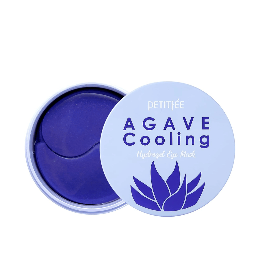 Freigestelltes Produktbild von PETITFEE Agave Cooling Hydrogel Eye Mask mit geöffneter Dose, die die lilafarbenen Hydrogel-Patches und die stilvolle hellblaue Verpackung zeigt.