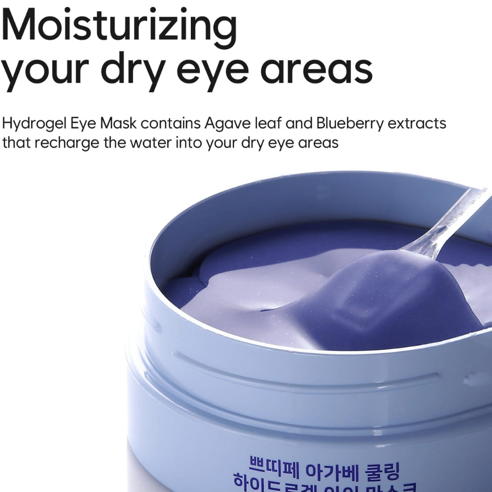 Produktbild von Agave Cooling Hydrogel Eye Mask mit Fokus auf die Feuchtigkeitsversorgung trockener Bereiche rund um die Augen. Das Bild zeigt die Hydrogel-Formel und den beiliegenden Spatel.