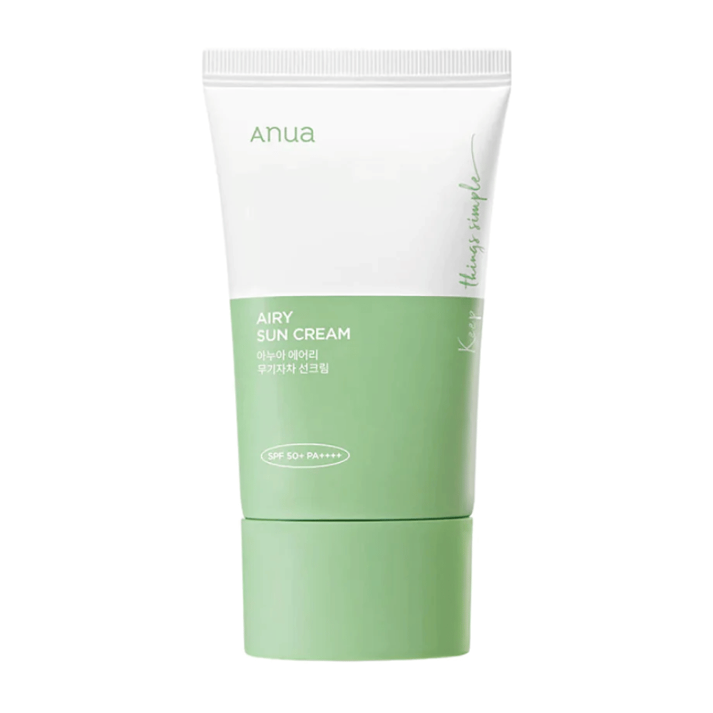 Eine Tube von Anua Airy Sun Cream mit SPF 50+ PA++++ auf einem weißen Hintergrund.