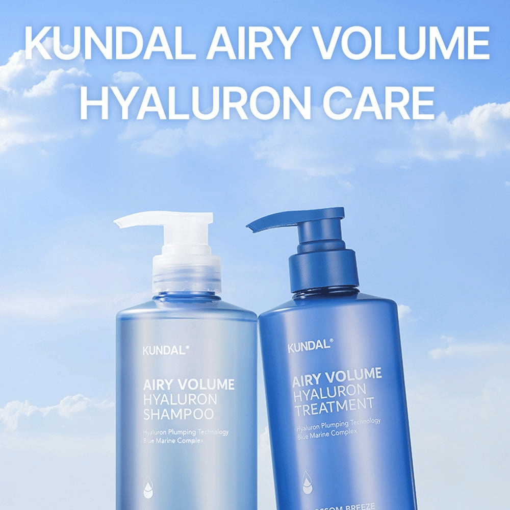 KUNDAL Airy Volume Hyaluron Shampoo och Treatment i blå pumpflaskor, hårvård med hyaluron och Blue Marine Complex.