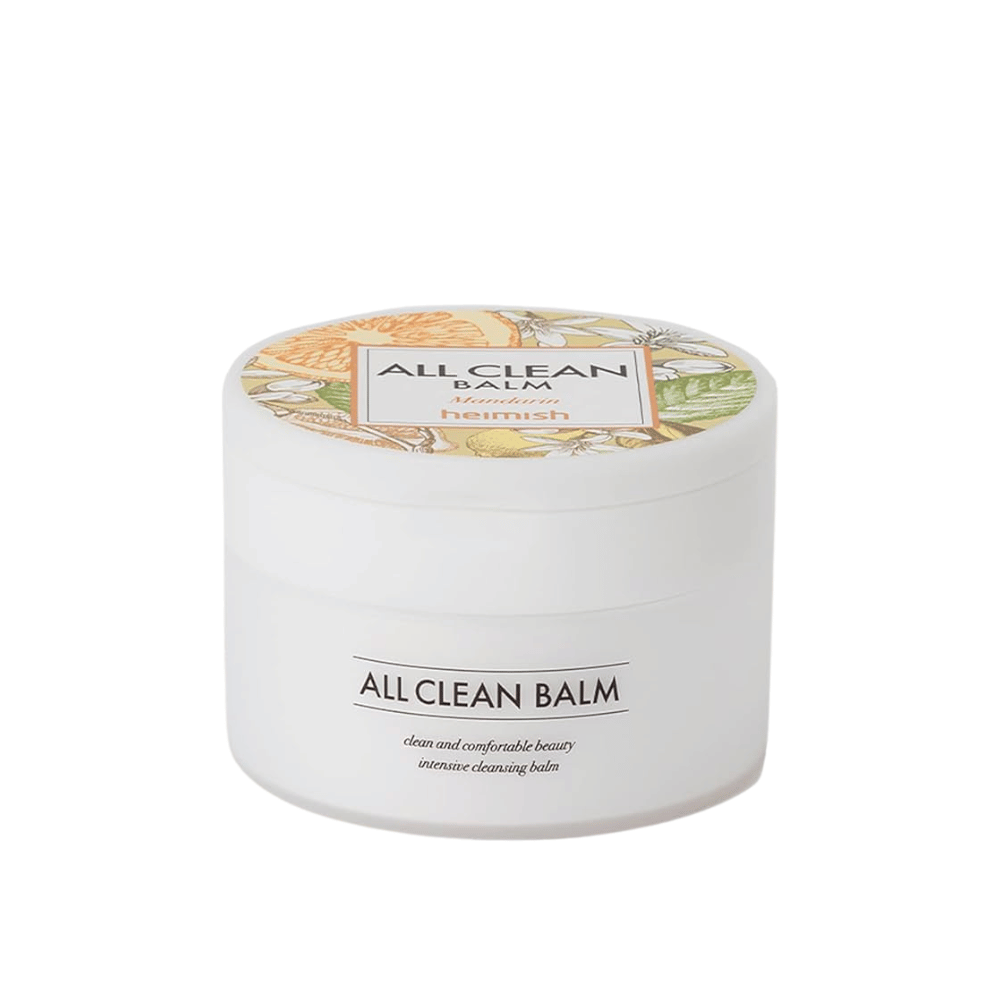 Ein Glas von Heimish All Clean Balm mit Mandarinenduft, ein intensiver Reinigungsbalsam, mit einem bunten Etikett und weißer Verpackung.