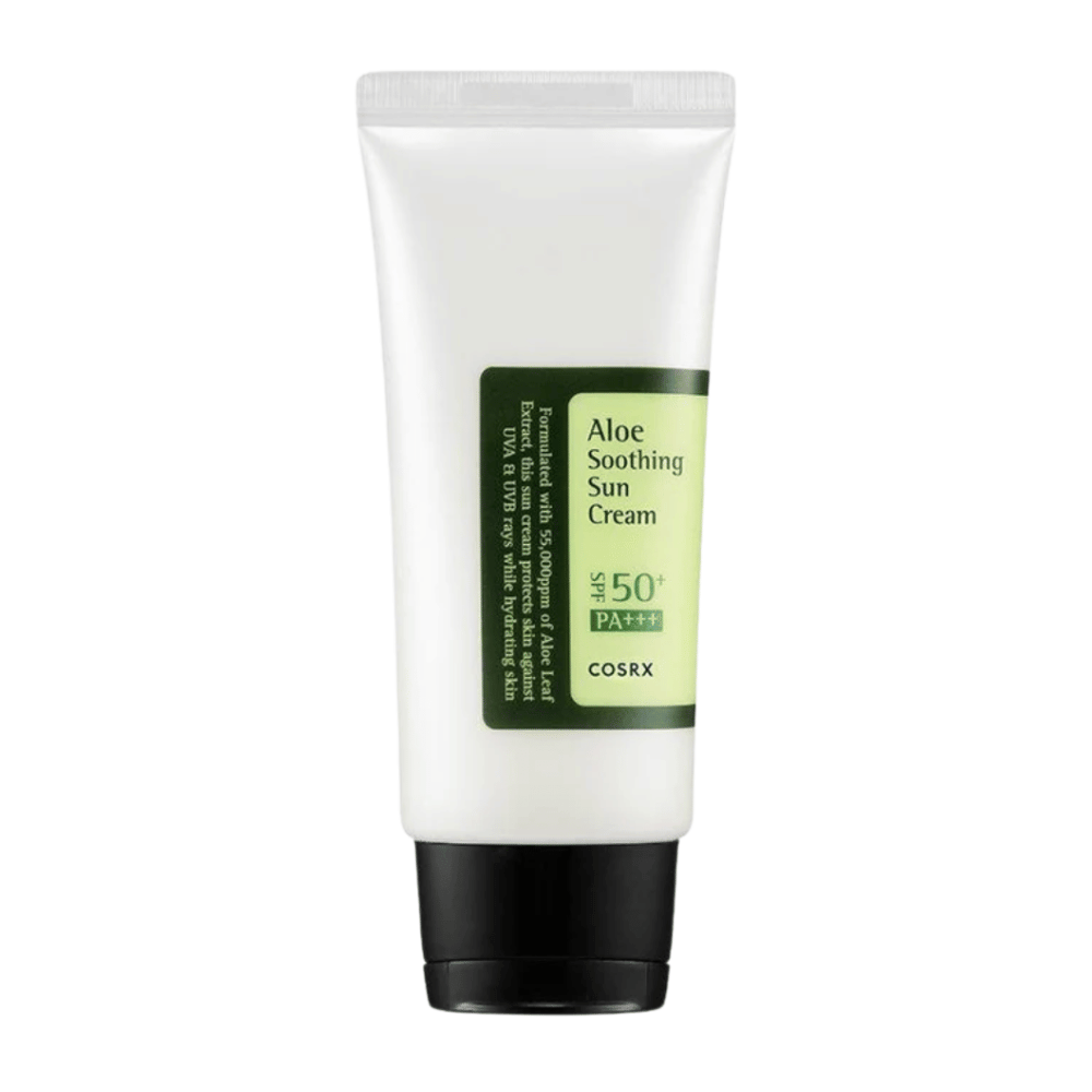 COSRX Aloe Soothing Sun Cream SPF 50+ PA+++ in weißer Tube mit schwarzem Deckel – Sonnencreme mit Aloe Vera, die die Haut schützt und beruhigt.