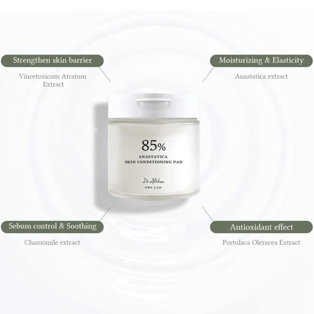 Dr. Althea 85% Anastatica Skin Conditioning Pad mit Anastatica-Extrakt, Kamille, Portulak und Vincetoxicum-Extrakt, die die Hautbarriere stärken und die Haut beruhigen.