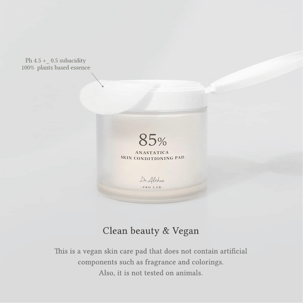 Dr. Althea 85% Anastatica Skin Conditioning Pad sind vegane toner pads ohne künstliche Duft- und Farbstoffe, entwickelt für empfindliche Haut.
