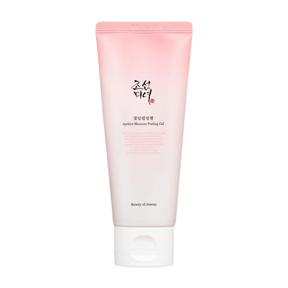 Eine rosa Tube mit Apricot Blossom Peeling Gel von Beauty of Joseon auf einem weißen Hintergrund.