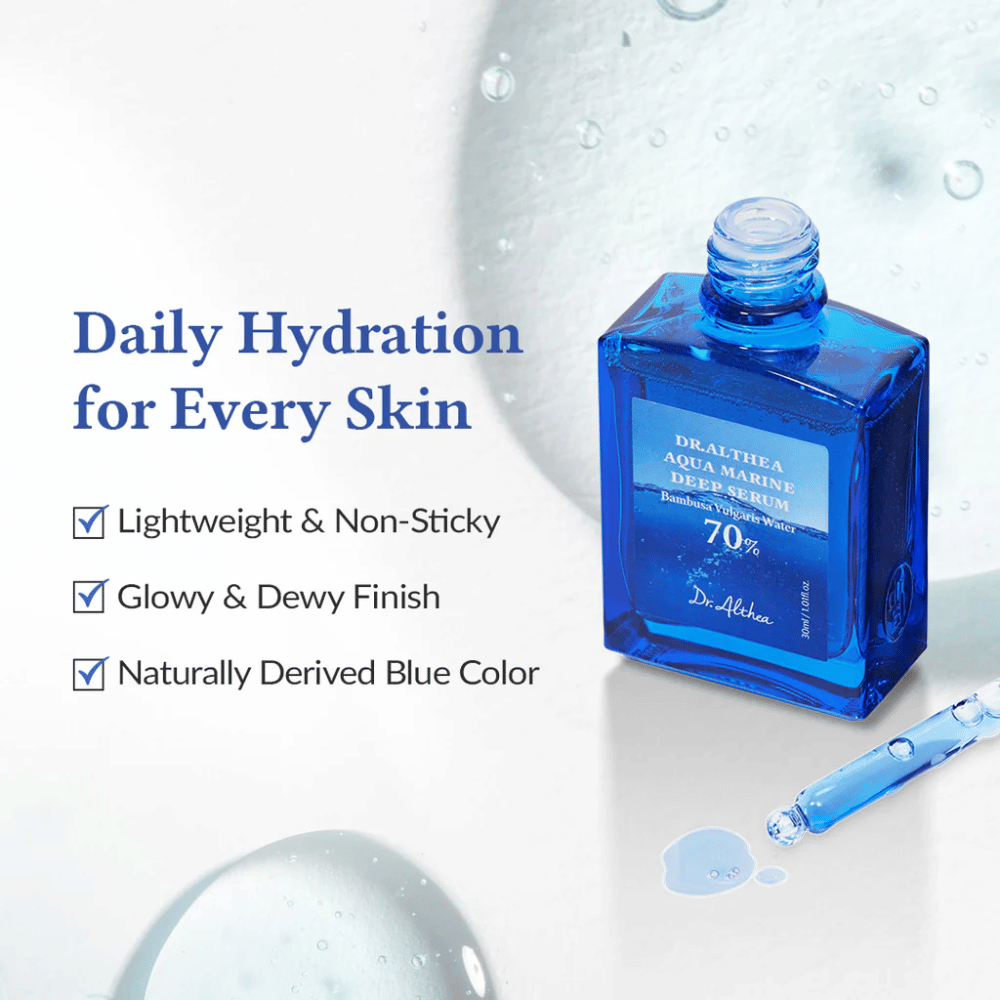 Dr. Althea Aqua Marine Deep Serum in blauer Glasflasche mit Pipette, leichte und nicht klebrige Formel, die tägliche Feuchtigkeit spendet, strahlendes und taufrisches Finish sowie natürliche blaue Farbe für alle Hauttypen.