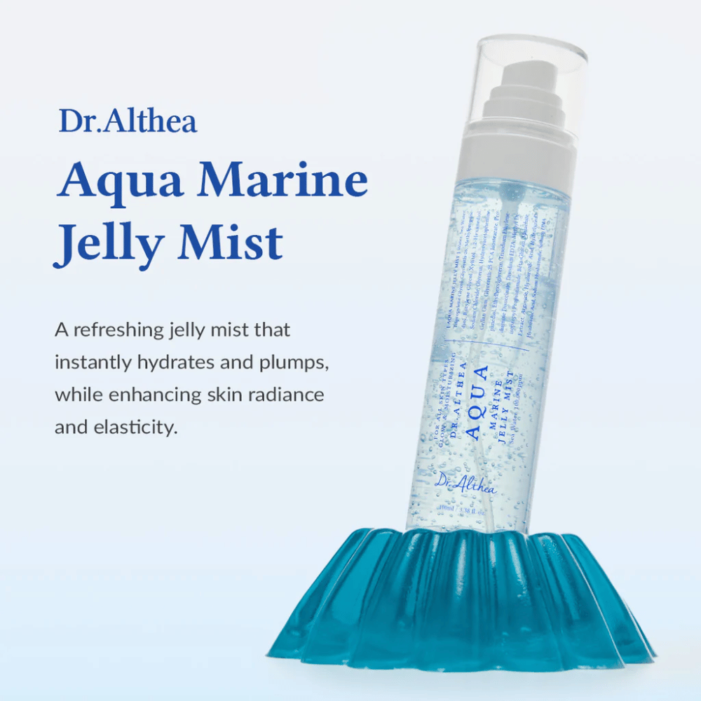 Dr. Althea Aqua Marine Jelly Mist präsentiert als feuchtigkeitsspendender Gesichtsspray für die tägliche Hautpflege