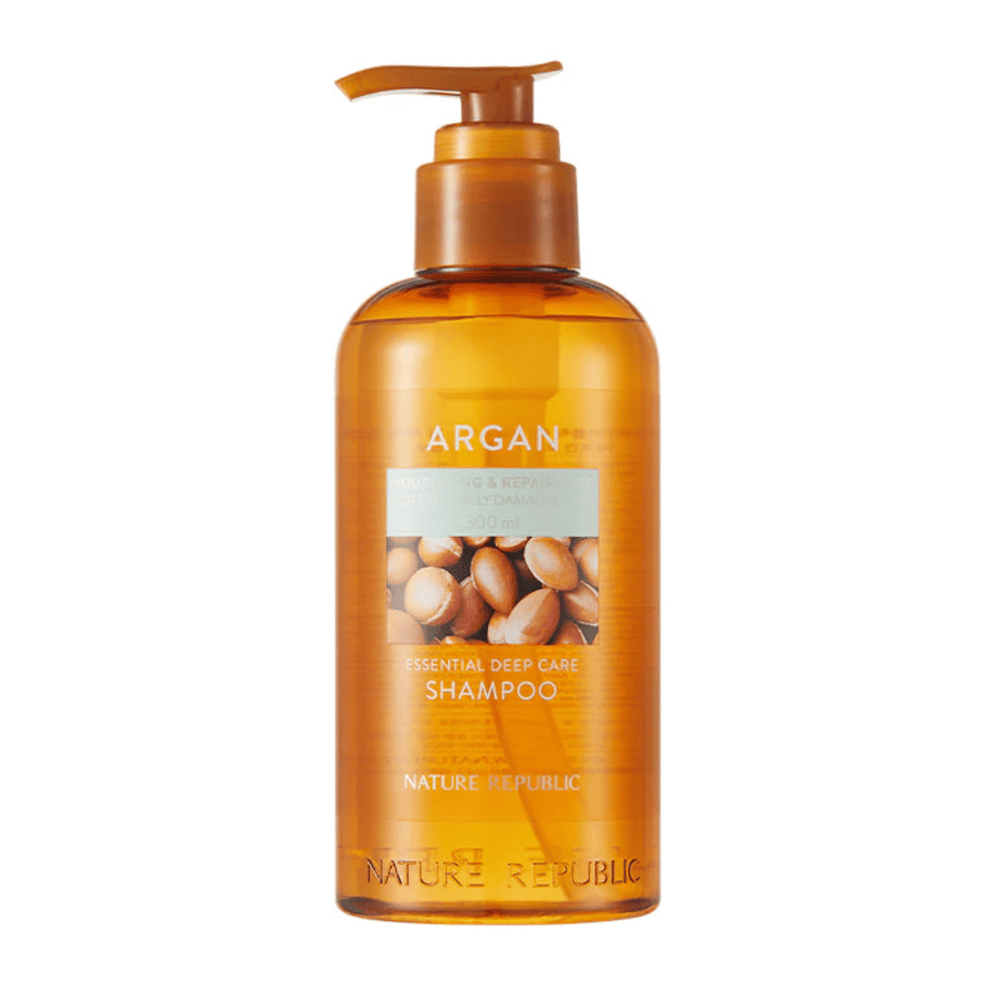 Produktbild på Nature Republic Argan Essential Moisture Repairing Shampoo – näringsrikt schampo för starkare och glansigare hår.
