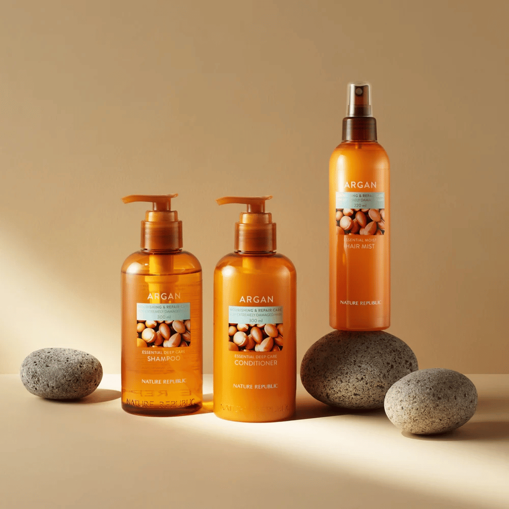 Nature Republic Argan-Serie mit Shampoo, Conditioner und hair mist für geschädigtes Haar – angereichert mit Arganöl für Glanz und Pflege.