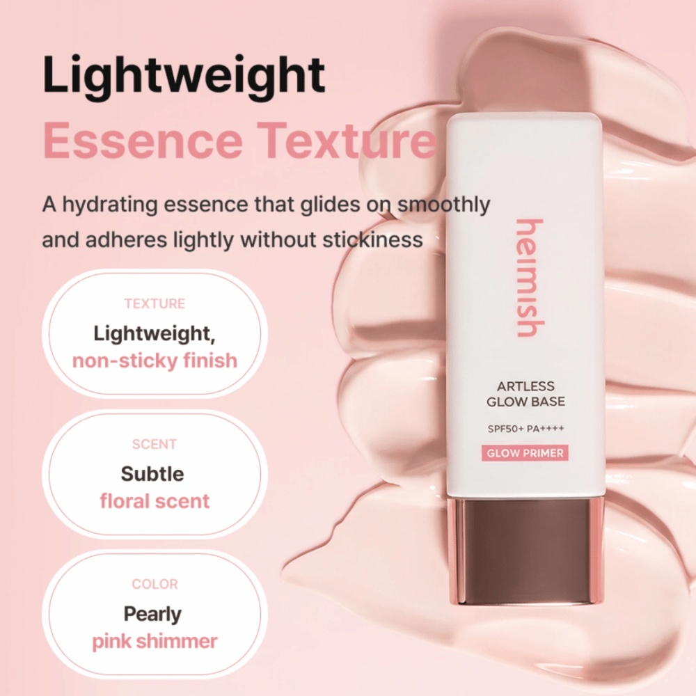 Heimish Artless Glow Base SPF50+ PA++++ – leicht feuchtigkeitsspendender Glow primer mit perlmuttartig schimmerndem rosa Finish ohne klebriges Gefühl.