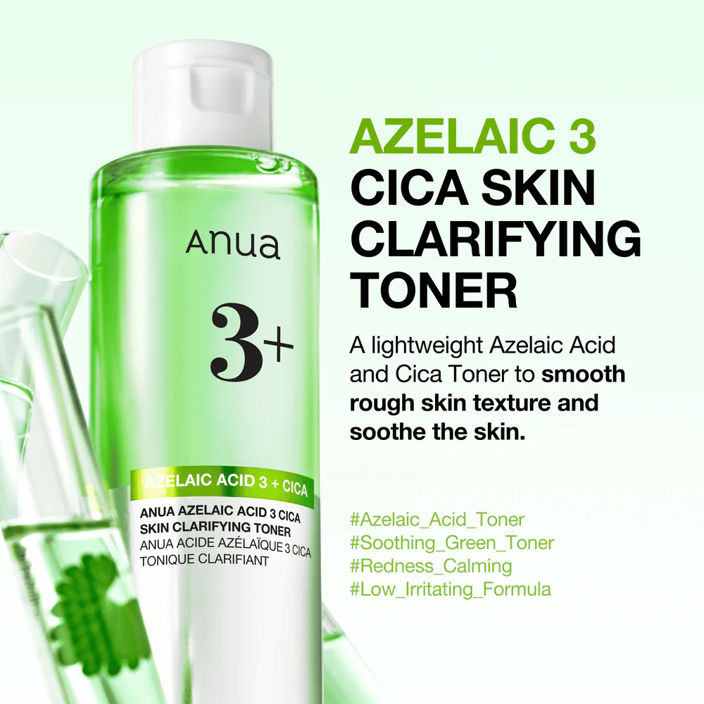 Anua Azelaic Acid 3 Cica Skin Clarifying Toner mit 3 % Azelainsäure und Centella asiatica, die sanft exfoliert, die Haut beruhigt und die Klarheit der Haut verbessert.