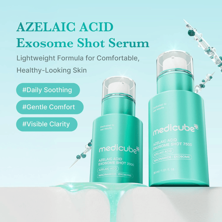 Produktbild, das sowohl Azelaic Acid Exosome Shot 2000 als auch 7500 zeigt. Das türkise Design unterstreicht das frische und beruhigende Profil des Produkts, während Aussagen wie tägliche Pflege, Komfort und verbesserte Hautklarheit hervorgehoben werden. Dekorative Illustrationen von Spikeln und Serumtropfen vermitteln einen wissenschaftlichen und fortschrittlichen Eindruck.