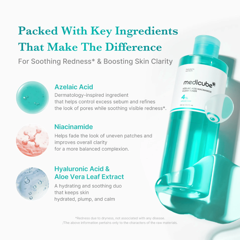 Medicube Azelaic Acid Niacinamide Clear Toner mit Azelainsäure, Niacinamid, Hyaluronsäure und Aloe Vera, um Feuchtigkeit zu spenden, die Haut zu beruhigen und die Klarheit der Haut zu verbessern.