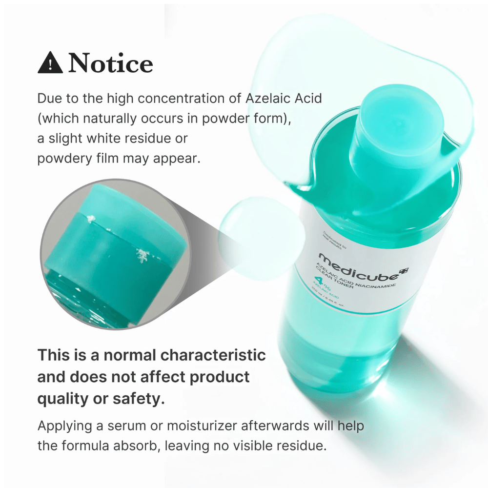 Medicube Azelaic Acid Niacinamide Clear Toner die natürliche Kristallrückstände von Azelainsäure zeigt und erklärt, dass dies normal ist und die Qualität oder Sicherheit des Produkts nicht beeinträchtigt.
