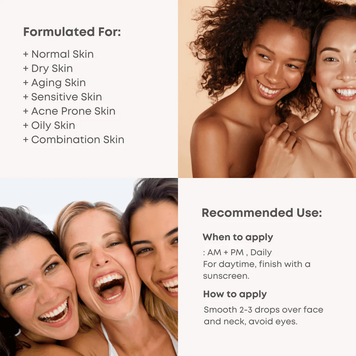 Produktinformation för B-Boost 10% Niacinamide Serum, inklusive rekommendationer för användning och hudtyper.