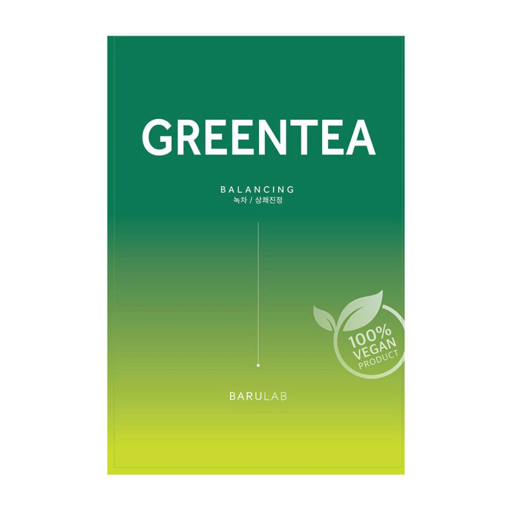 Eine Verpackung von BARULAB "GREENTEA Balancing" Maske, gekennzeichnet als "100% Vegan Product". Die Verpackung hat einen Farbverlauf von Dunkelgrün zu Hellgelb.