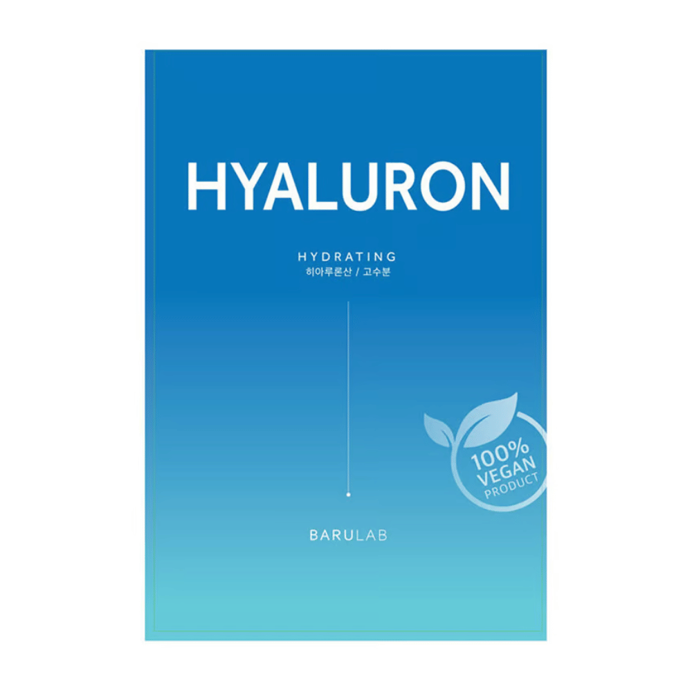 Eine Verpackung der BARULAB "HYALURON Hydrating" Maske, gekennzeichnet als "100% Vegan Product". Die Verpackung hat einen Farbverlauf von Dunkelblau oben bis Hellblau unten.