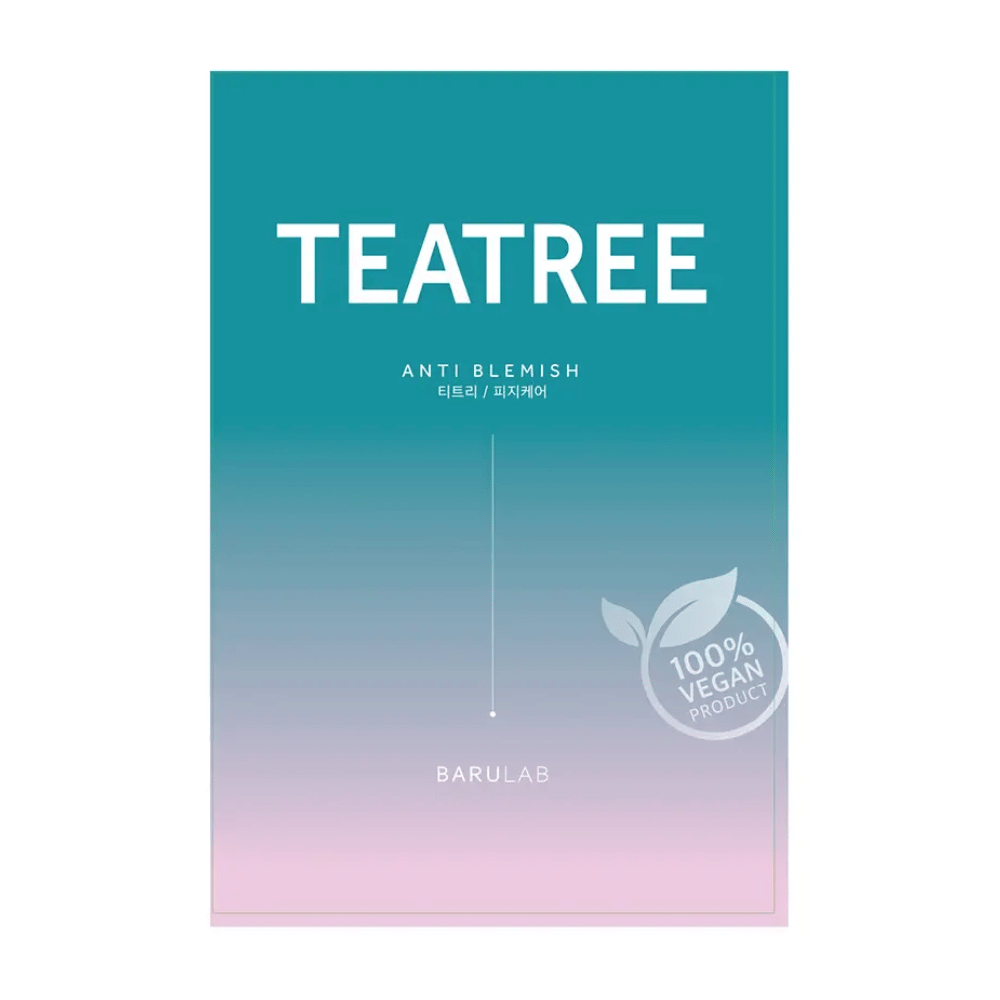 Eine Verpackung der BARULAB "TEATREE Anti Blemish" Maske, gekennzeichnet als "100% Vegan Product". Die Verpackung hat einen Farbverlauf von Türkis oben bis Hellrosa unten.