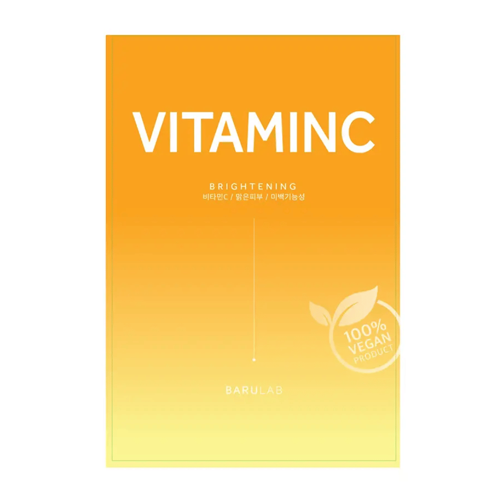 Eine Packung von BARULAB "VITAMINC Brightening" Maske, gekennzeichnet als "100% Vegan Product". Die Verpackung hat einen Farbverlauf von Orange oben bis Hellgelb unten.